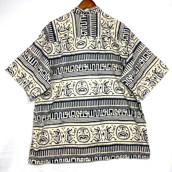 Vintage J Peterman Co XL Handmade Batik Shirt Aztec Reverse Print Summer Resort - Picture 6 of 9